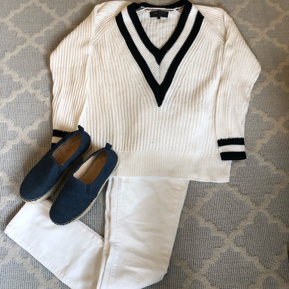 rag & bone White and Black V-Neck Sweater